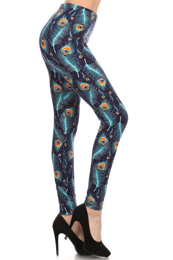 Womens Leggings | XPlus Peacock Leggings | Yoga Pants | Footless Tights |  No-Roll Waistband