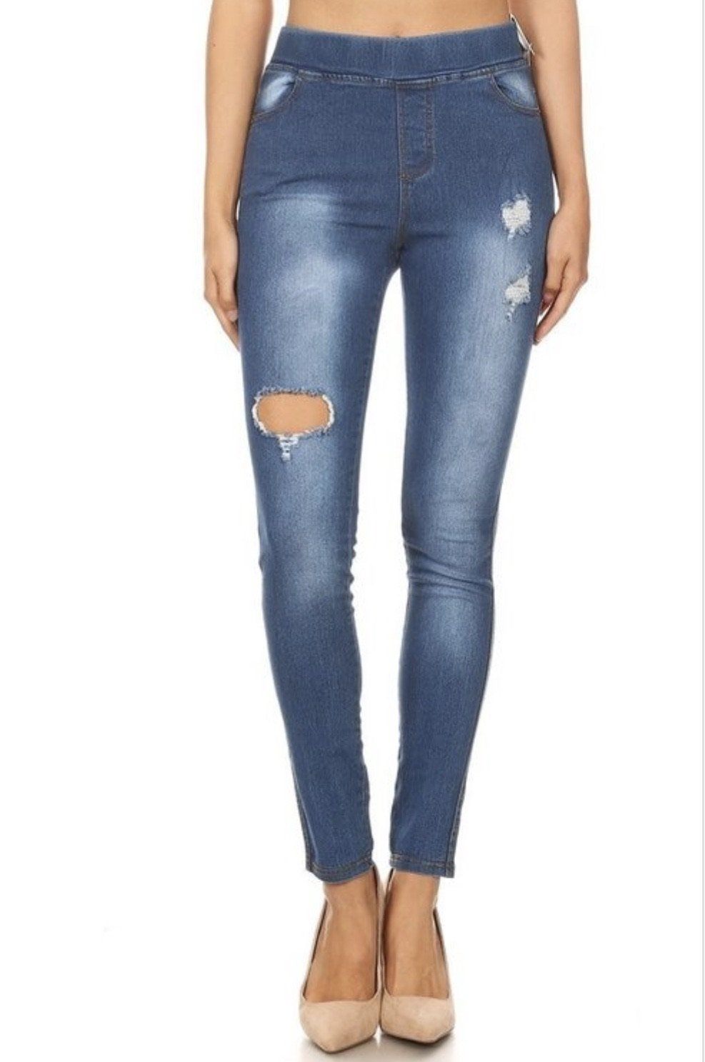  Womens Stretch Pull-On Skinny Ripped Distressed Denim  Jeggings