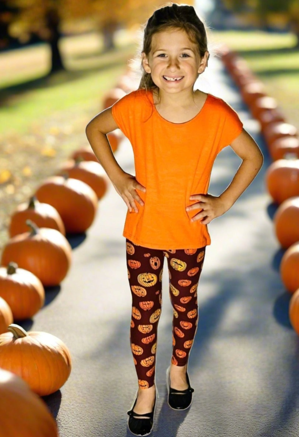 Girls Leggings | Pumpkin Leggings | Kids Yoga Pants | Footless Tights |  No-Roll Waistband
