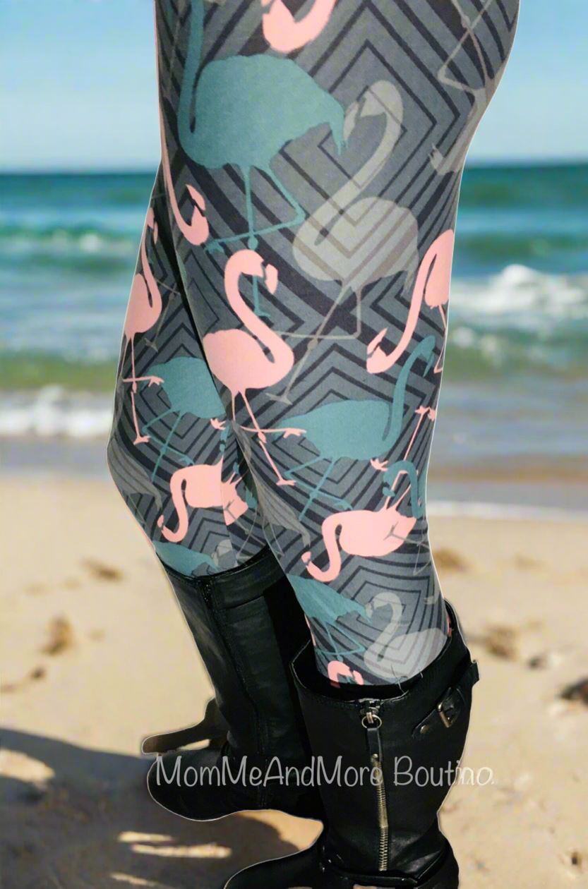 Womens Flamingo Leggings, Soft Yoga Pants, Sizes 0-20, Gray/Pink Leggings MomMe and More 