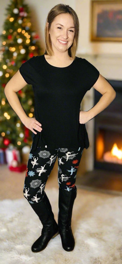 Womens Christmas Nutcracker Ballet Snowflake Leggings, Soft Yoga Pants, Sizes 0-18, No-Roll Waist, Black/Red Leggings MomMe and More 