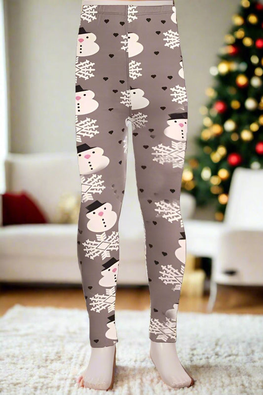 Girls Christmas Snowman Leggings, Kids Yoga Pants, Sizes S/L, No-Roll Waist, Gray/White Leggings MomMe and More 