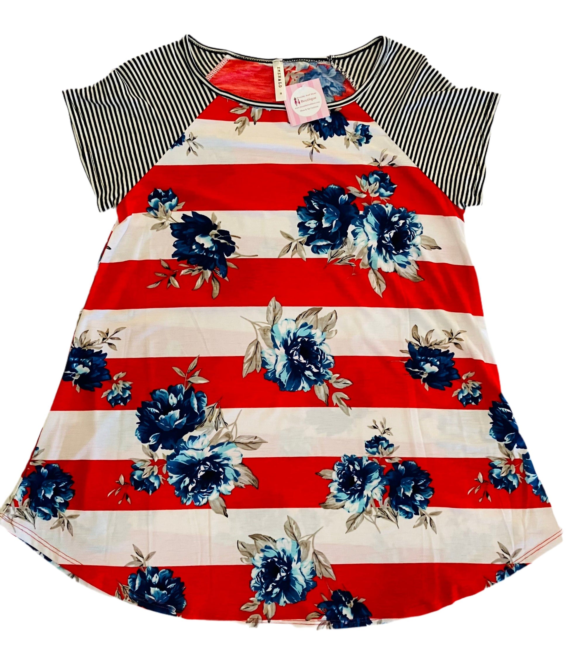 Womens Floral Striped Top, 4th of July Shirt, Sizes 1xl/2xl/3xl, Red/White/Blue Tops MomMe and More 