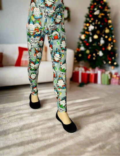 Girls Christmas Gnome Leggings, Kids Yoga Pants, Sizes S/L, Yoga Waist, Exclusive Leggings Leggings MomMe and More 