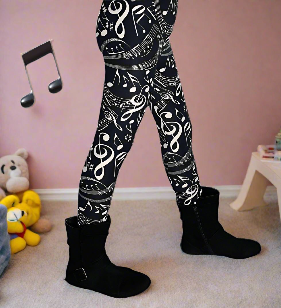 Girls Music Note Leggings, Kids Yoga Pants, Sizes S/L, No-Roll Waist, Black/White Leggings MomMe and More 