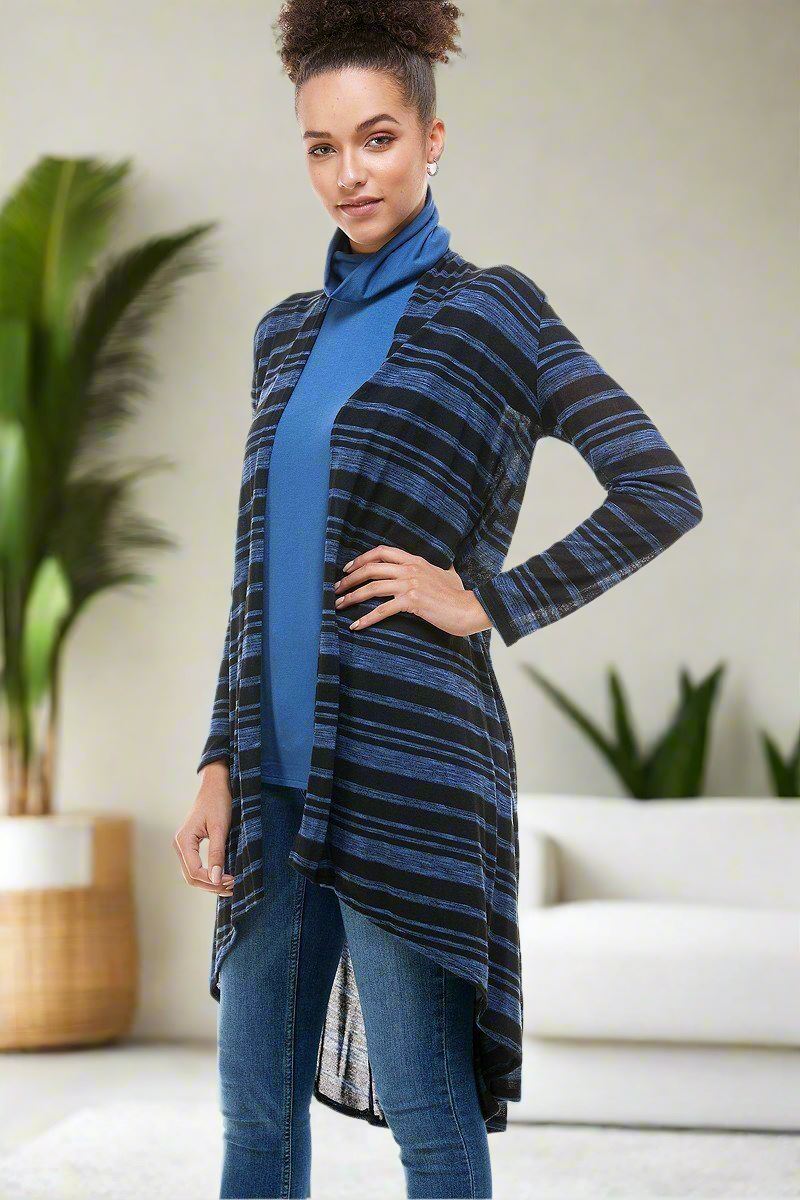 Womens Striped Long Cardigan Black/Blue Sizes S/M/L Cardigan MomMe and More 