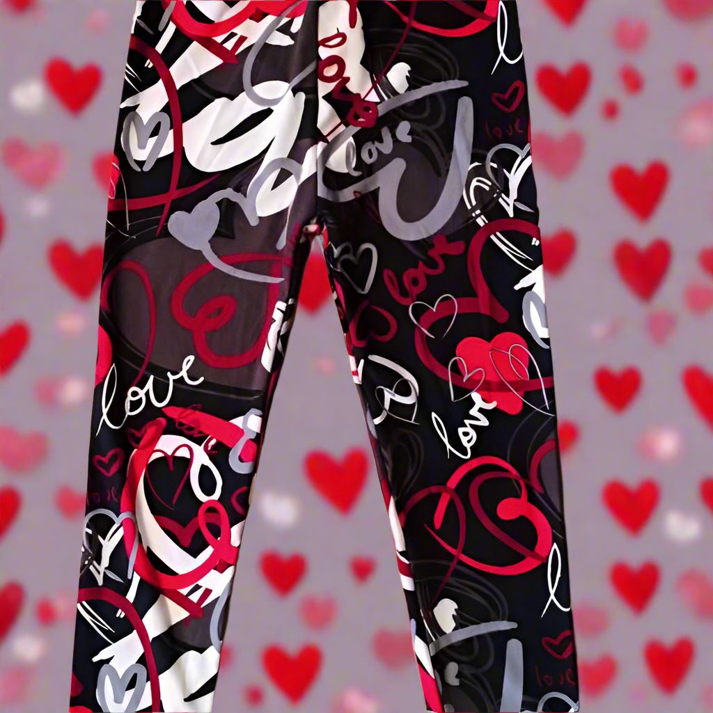 Girls Valentines Day Heart Leggings, Kids Yoga Pants, Sizes S/L, No-Roll Waist, Black/Red Leggings MomMe and More 