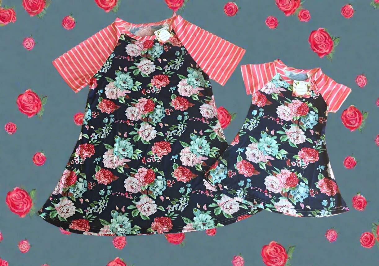 Girls Floral Print Dress, Kids Short Sleeve Dress, Size 4, Blue/Pink dress MomMe and More 