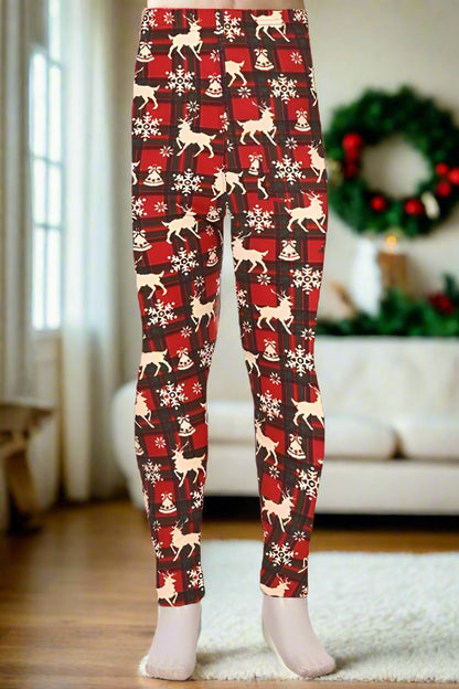 Girls Christmas Snowflake Leggings, Kids Yoga Pants, Sizes S/L, No-Roll Waist, Red/White Leggings MomMe and More 