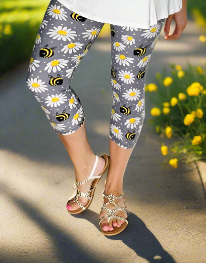 Womens Daisy Bee Capri Leggings, Soft Yoga Pants, Sizes 0-18, No-Roll Waist, Gray/Yellow Leggings MomMe and More 