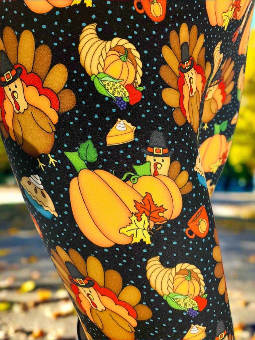 Womens Turkey Dinner Leggings, Fall Thanksgiving Leggings, Sizes 0-20, Brown/Multi, Yoga Waist, Exclusive Leggings Leggings MomMe and More 