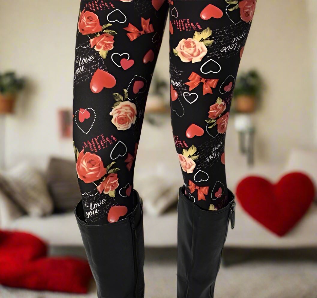 Womens Valentines Day Leggings, Heart Be-Mine Leggings, Soft Yoga Pants, No-Roll Waist, Sizes 0-18, Red/Black Leggings MomMe and More 