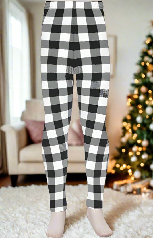 Girls Plaid Leggings, Kids Yoga Pants, Sizes S/L, No-Roll Waist, Black/White Leggings MomMe and More 