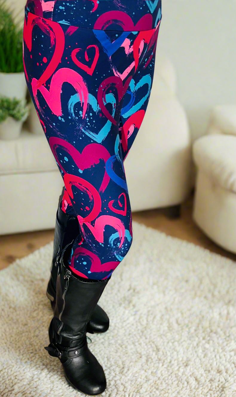 Womens Valentines Day Leggings, Graphic Heart Print, Soft Yoga Pants, Sizes OS/TC/TC2, Black/Pink/Blue, Exclusive Leggings Leggings MomMe and More 0-12 Black/Multi Yoga Waist