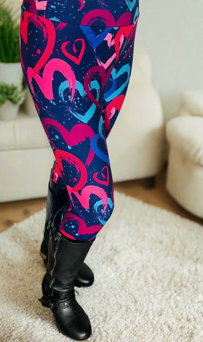 Womens Valentines Day Leggings, Graphic Heart Print, Soft Yoga Pants, Sizes OS/TC/TC2, Black/Pink/Blue, Exclusive Leggings Leggings MomMe and More 0-12 Black/Multi Yoga Waist