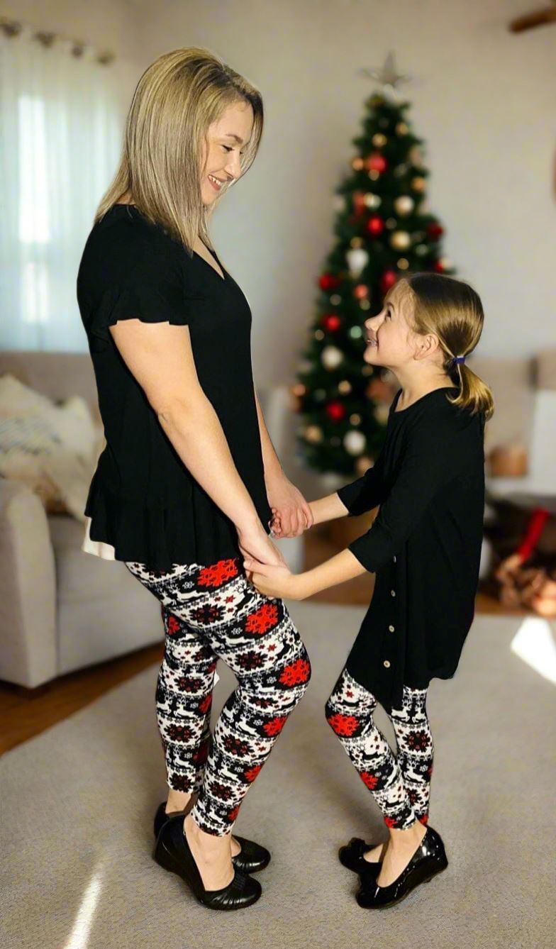 Girls Christmas Holiday Leggings, Kids Yoga Pants, Sizes S/L, No-Roll Waist, Black/Red/White Leggings MomMe and More 