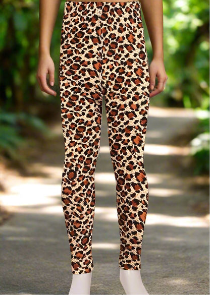 Girls Cheetah Leopard Leggings, Kids Yoga Pants, Sizes S/L, No-Roll Waist, Brown Leggings MomMe and More 