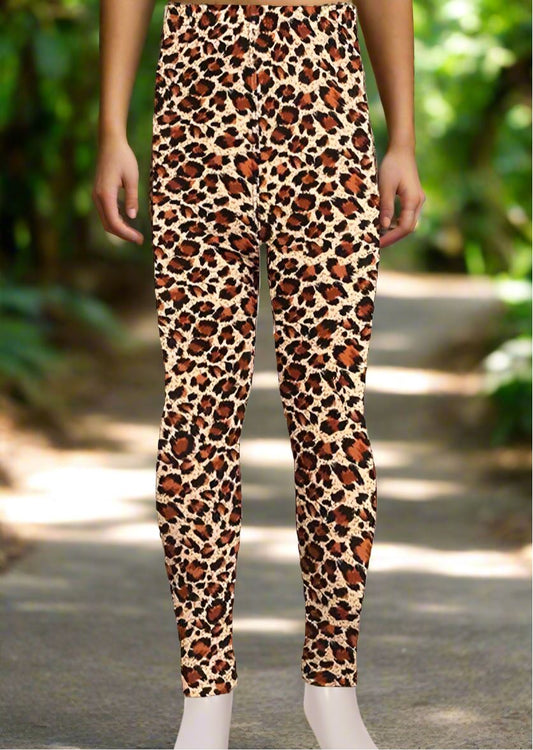 Girls Cheetah Leopard Leggings, Kids Yoga Pants, Sizes S/L, No-Roll Waist, Brown Leggings MomMe and More 