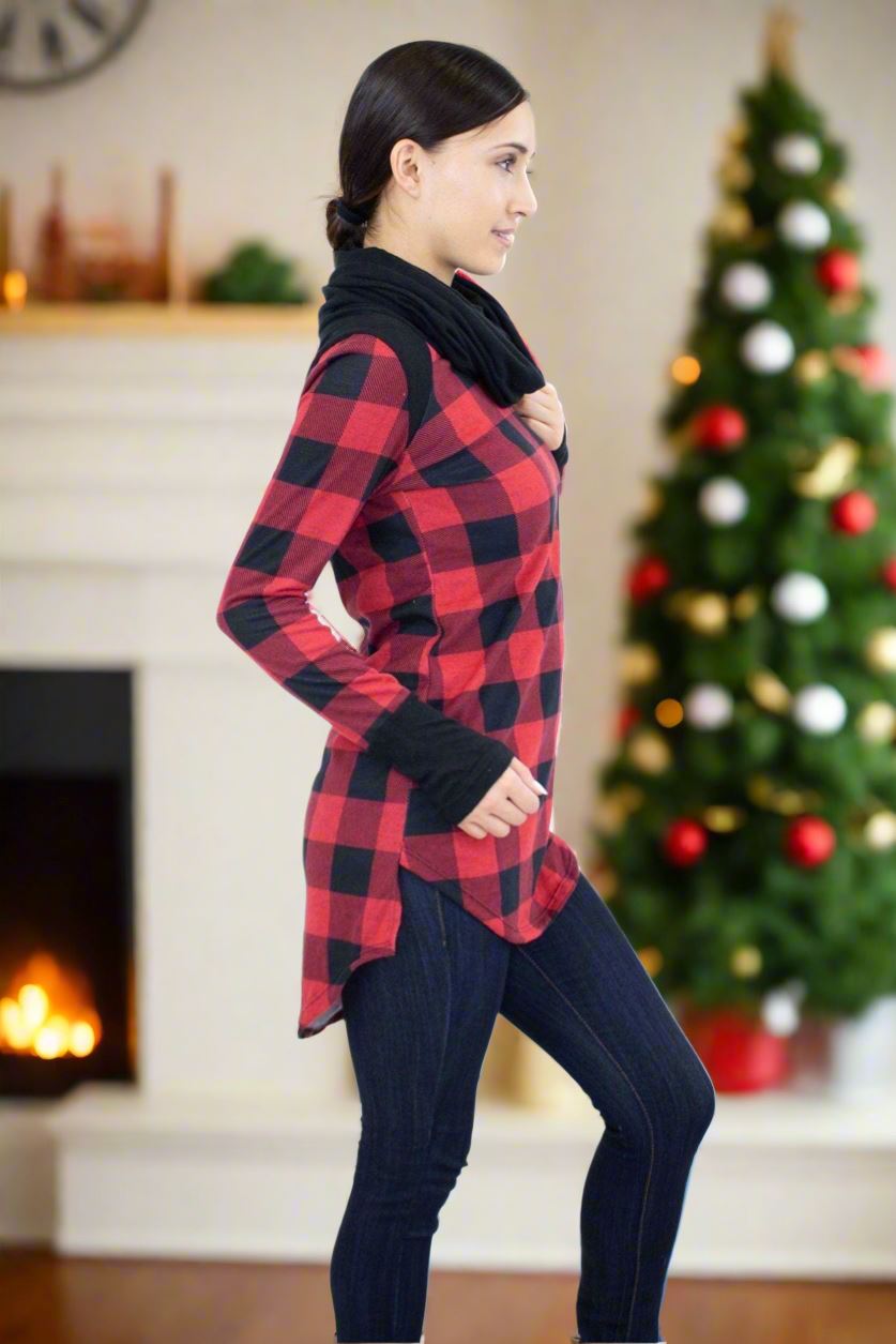 Womens Christmas Plaid Top, Long Sleeve Cowl Neck Shirt, Sizes S/M, Red/Black Tops MomMe and More 