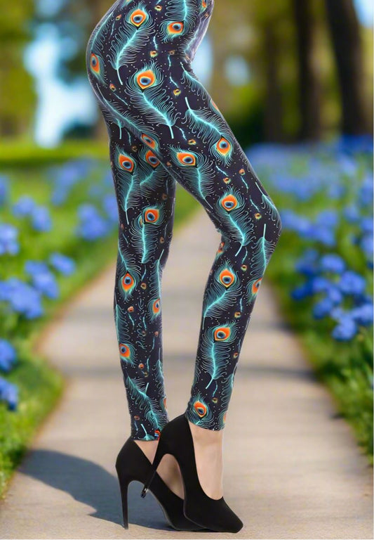 Womens Peacock Leggings, Soft Yoga Pants, Sizes 0-18, Blue/Orange, No-Roll Waist Leggings MomMe and More 