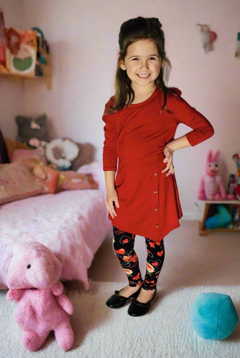 Girls Valentines Day Heart Leggings, Kids Yoga Pants, Sizes S/L, No-Roll Waist, Black/Red Leggings MomMe and More 