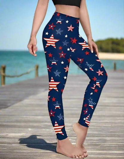 Womens Patriotic American Flag Star Leggings, Soft Yoga Pants, Sizes 0-18, Red/White/Blue Leggings MomMe and More 