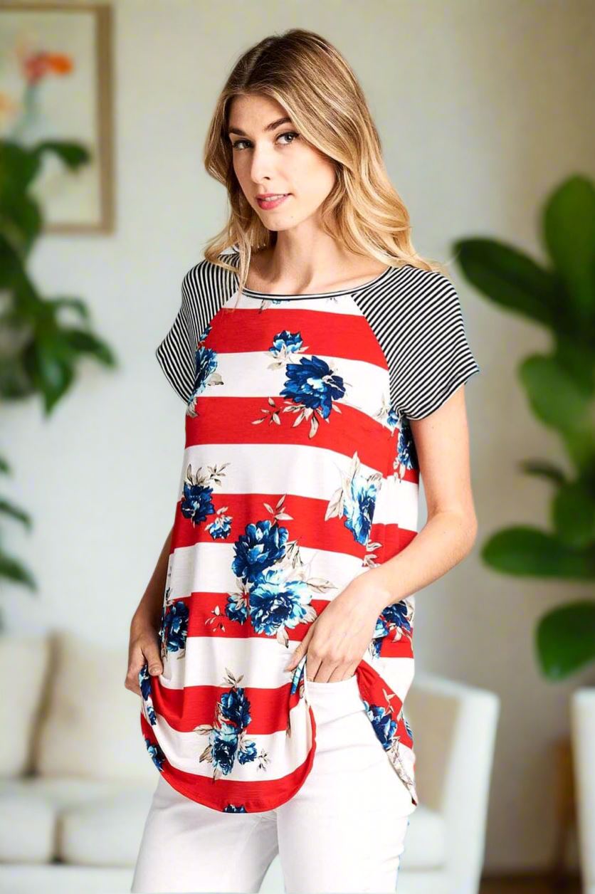 Womens Floral Striped Top, 4th of July Shirt, Plus Sizes 1xl/2xl/3xl, Red/White/Blue Tops MomMe and More 