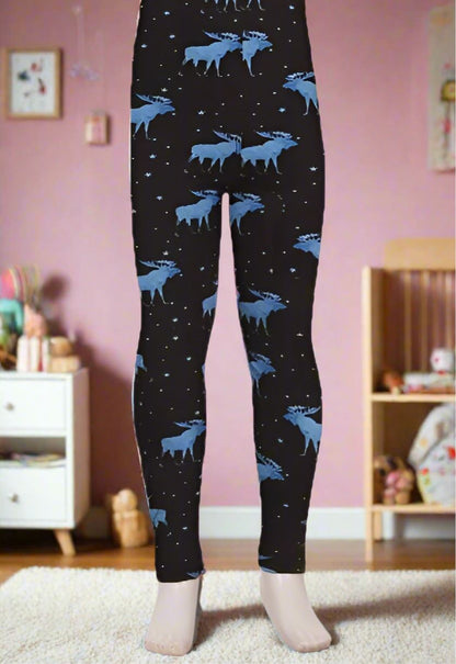 Girls Moose Leggings, Kids Yoga Pants, Sizes S/L, No-Roll Waist, Black/Blue Leggings MomMe and More 