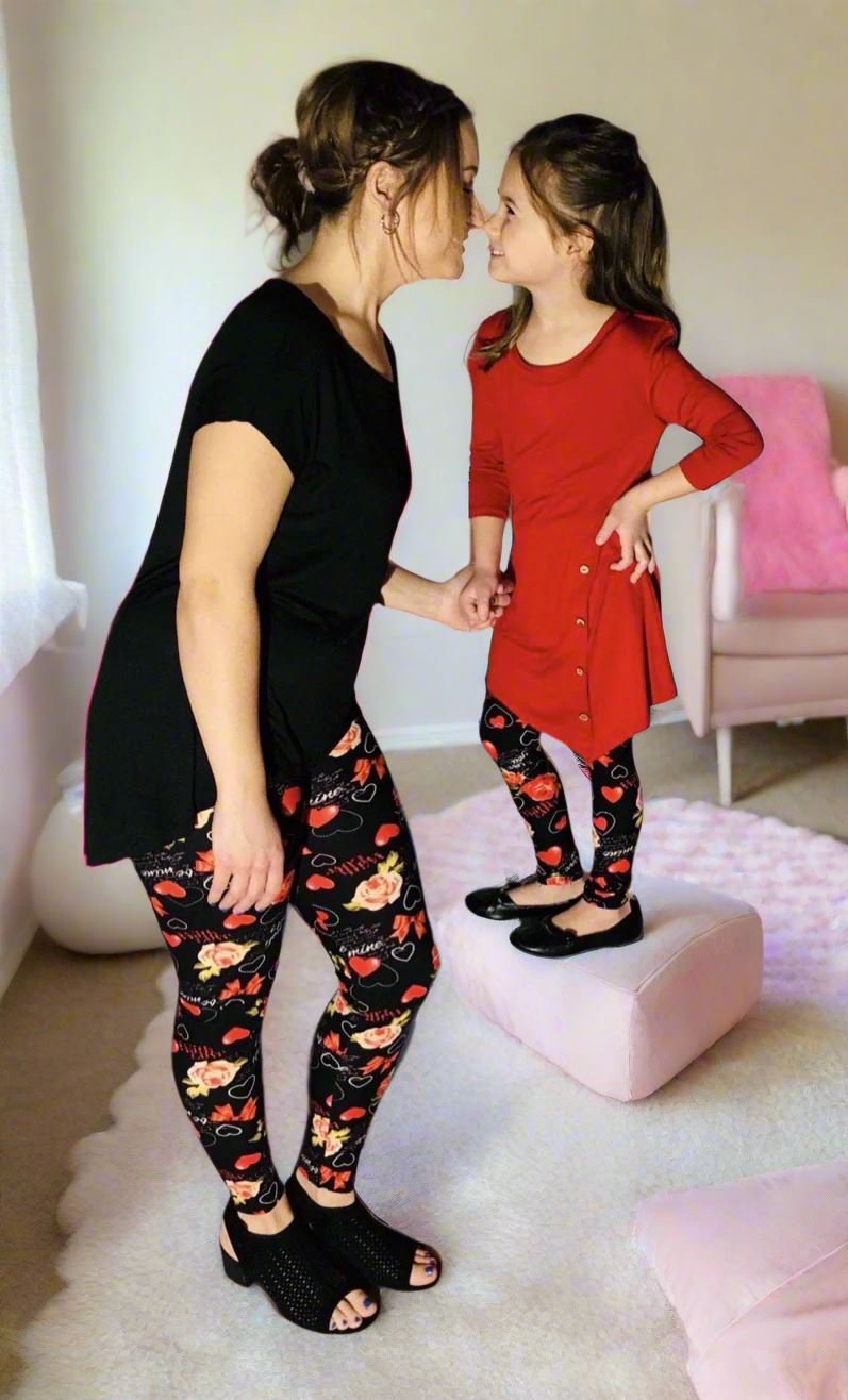 Girls Valentines Day Heart Leggings, Kids Yoga Pants, Sizes S/L, No-Roll Waist, Black/Red Leggings MomMe and More 