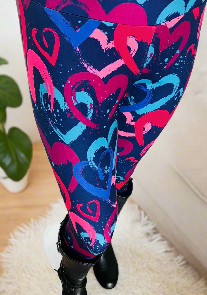 Womens Valentines Day Leggings, Graphic Heart Print, Soft Yoga Pants, Sizes OS/TC/TC2, Black/Pink/Blue, Exclusive Leggings Leggings MomMe and More 