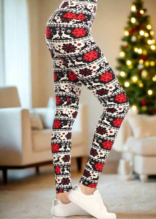 Womens Christmas Reindeer Holiday Leggings, Soft Yoga Pants, Sizes 0-20, Yoga Waist, Black/Red/White Leggings MomMe and More 