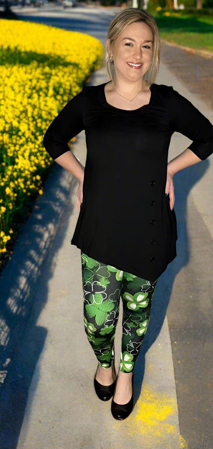 Womens Shamrock Leggings, St. Patrick Day Leggings, Soft Yoga Pants, Sizes 0-20, Yoga Waist, Green/Black, Exclusive Leggings Leggings MomMe and More 