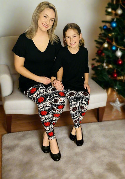 Girls Christmas Holiday Leggings, Kids Yoga Pants, Sizes S/L, No-Roll Waist, Black/Red/White Leggings MomMe and More 