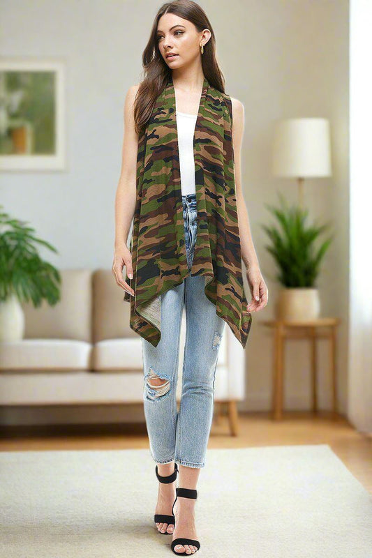 Womens Green Camouflage Vest Open Front Cardigan Sizes S/M/L/XL Cardigan MomMe and More 