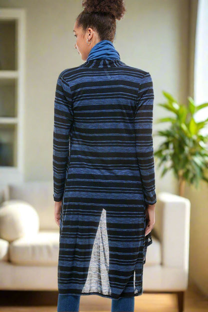 Womens Striped Long Cardigan Black/Blue Sizes S/M/L Cardigan MomMe and More 