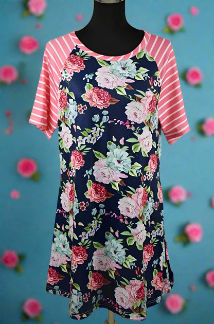 Girls Floral Print Dress, Kids Short Sleeve Dress, Size 4, Blue/Pink dress MomMe and More 