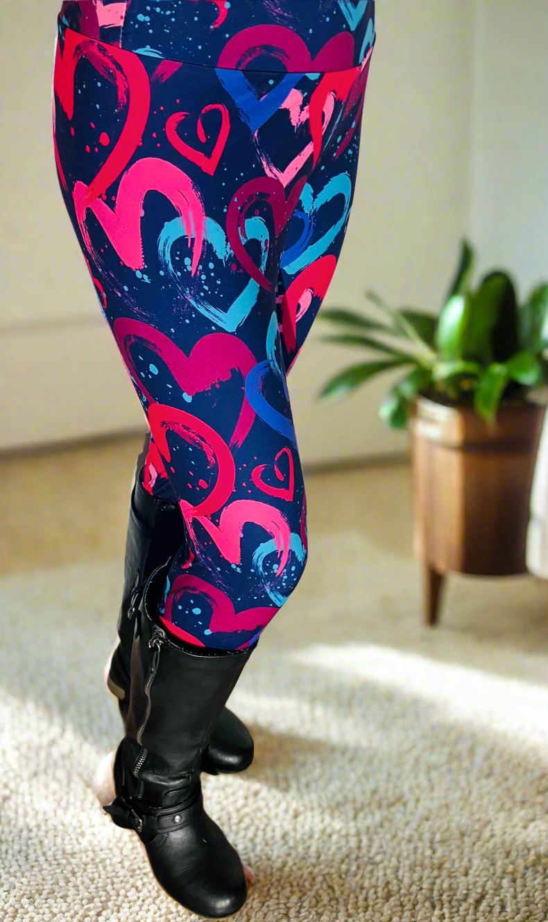 Womens Valentines Day Leggings, Graphic Heart Print, Soft Yoga Pants, Sizes OS/TC/TC2, Black/Pink/Blue, Exclusive Leggings Leggings MomMe and More 