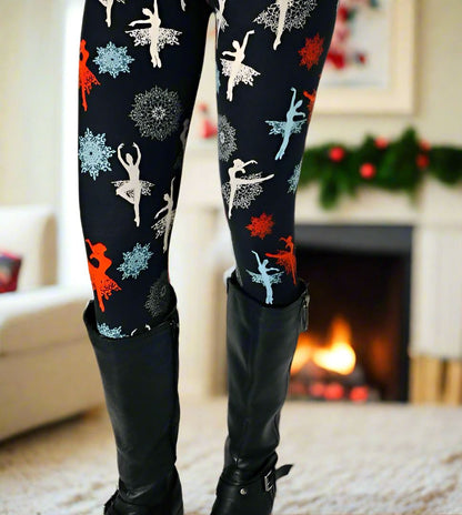 Womens Christmas Nutcracker Ballet Snowflake Leggings, Soft Yoga Pants, Sizes 0-18, No-Roll Waist, Black/Red Leggings MomMe and More 