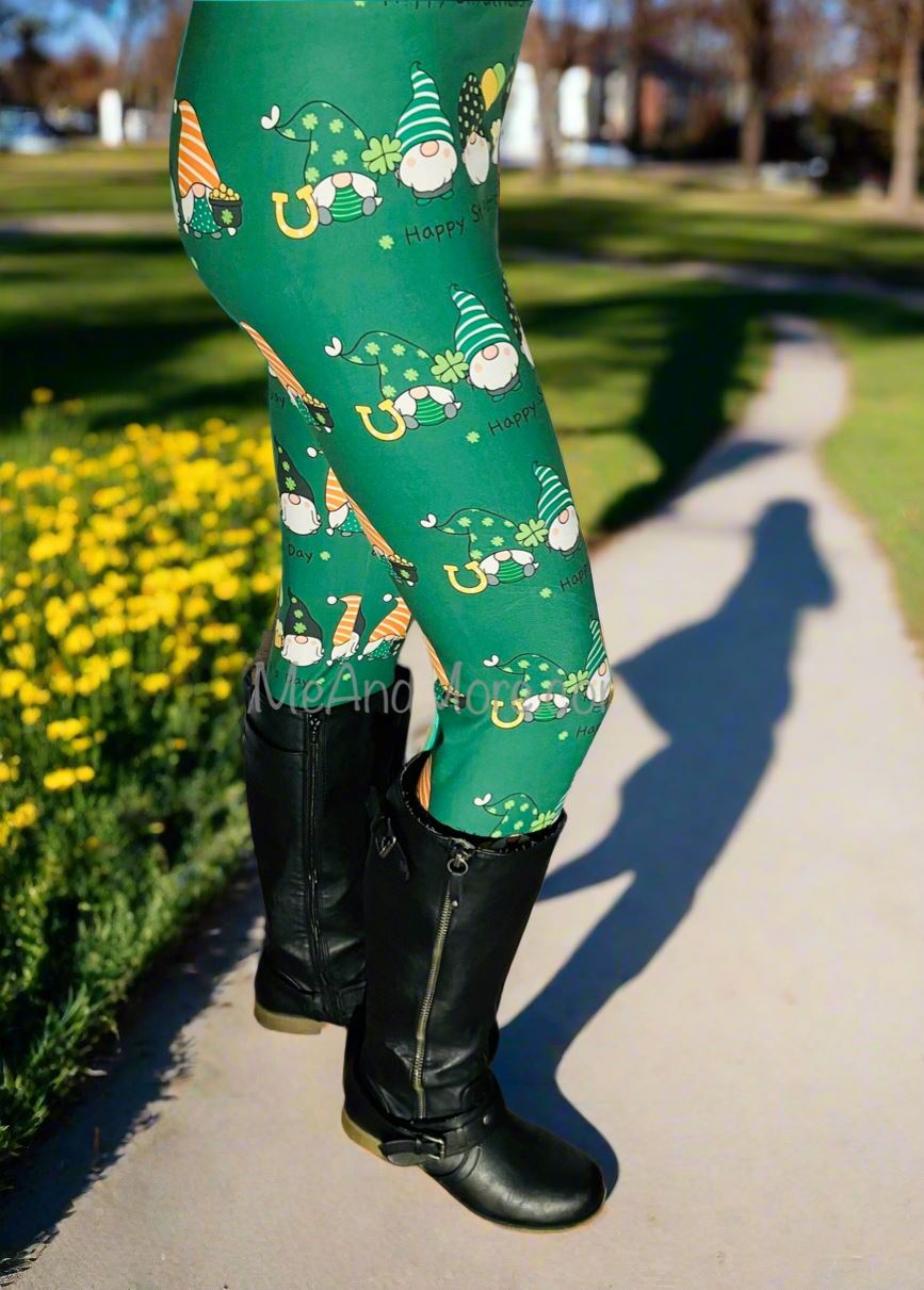 Womens St. Patrick Day Gnome Leggings. Soft Yoga Pants, Sizes 0-22, Yoga Waist, Green, Exclusive Leggings Leggings MomMe and More 