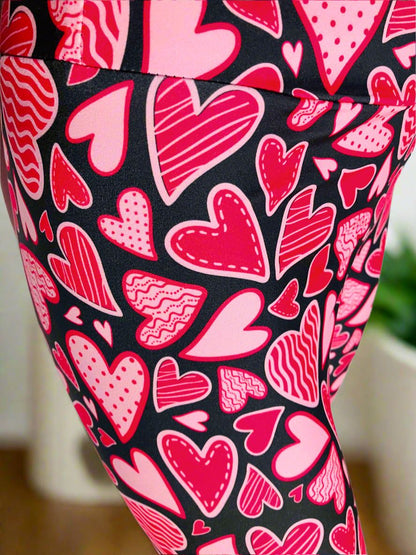 Womens Valentines Day Leggings, Doodle Hearts Print, Soft Yoga Pants, Sizes OS/TC/TC2, Black/Pink, Exclusive Leggings Leggings MomMe and More 