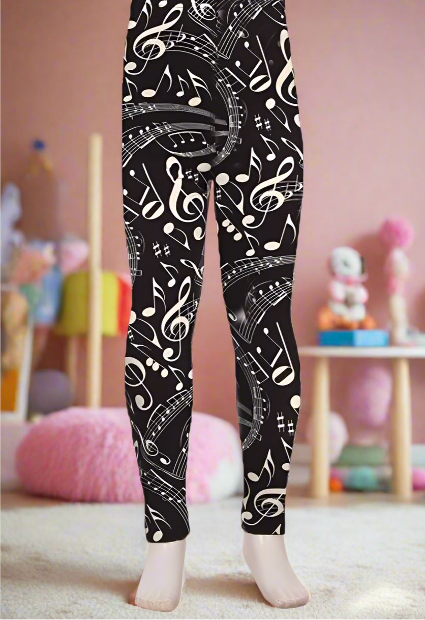 Girls Music Note Leggings, Kids Yoga Pants, Sizes S/L, No-Roll Waist, Black/White Leggings MomMe and More 