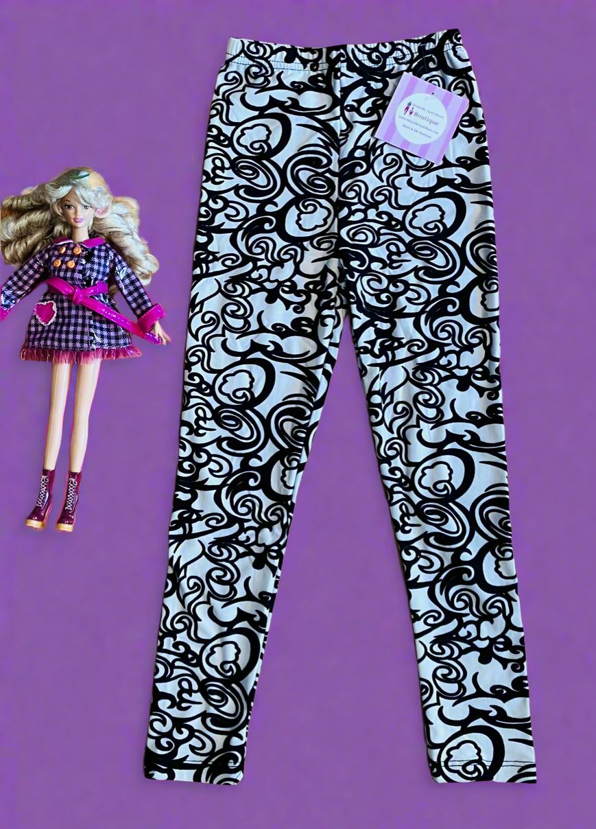 Girls Damask Leggings, Kids Yoga Pants, Sizes S/L, No-Roll Waist, Black/White Leggings MomMe and More 