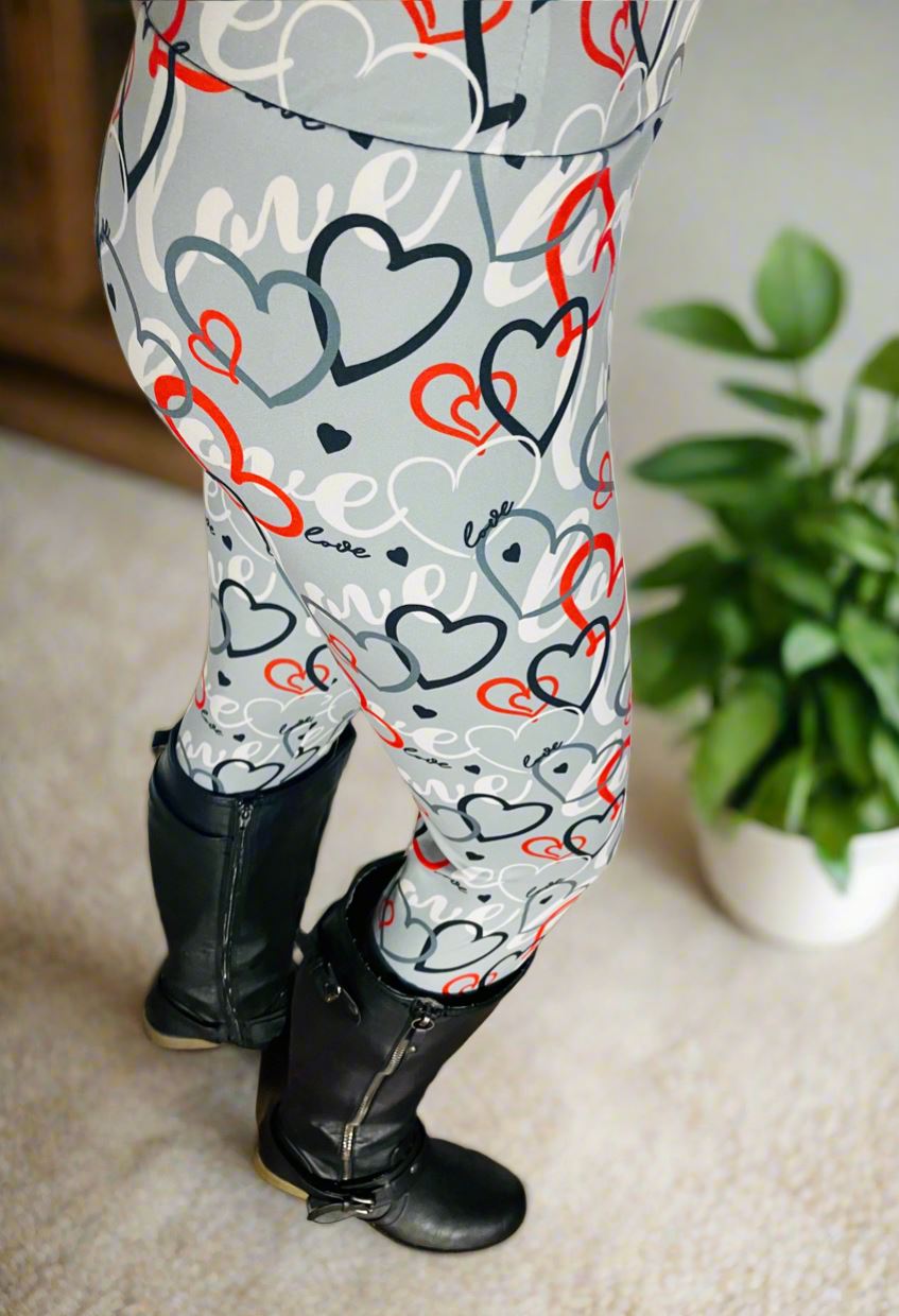 Womens Valentines Day Leggings, Love Heart Print Soft Yoga Pants, Sizes OS/TC/TC2, Gray/Red, Exclusive Leggings Leggings MomMe and More 