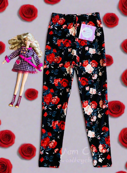 Girls Valentines Day Rose Leggings, Kids Yoga Pants, Sizes S/L, No-Roll Waist, Red/Black Leggings MomMe and More 