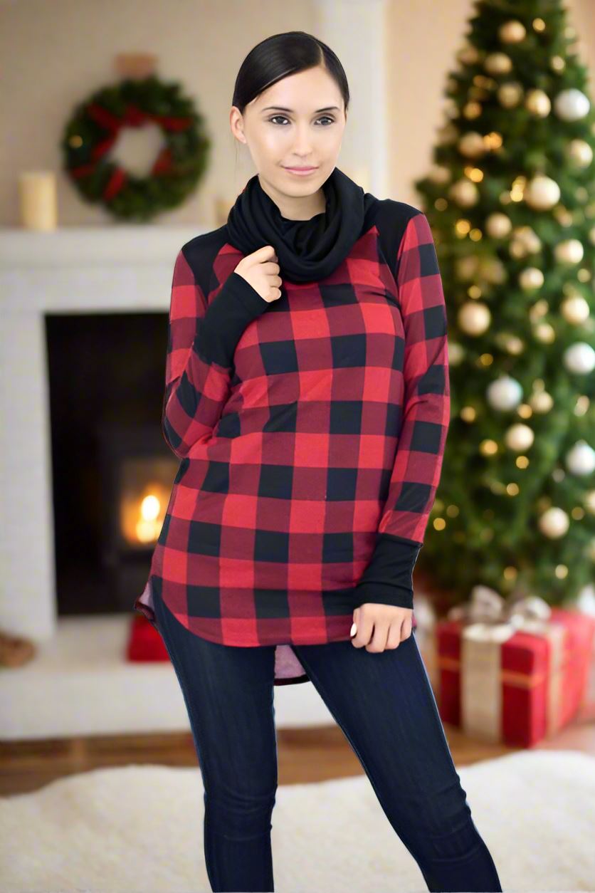 Womens Christmas Plaid Top, Long Sleeve Cowl Neck Shirt, Sizes S/M, Red/Black Tops MomMe and More 