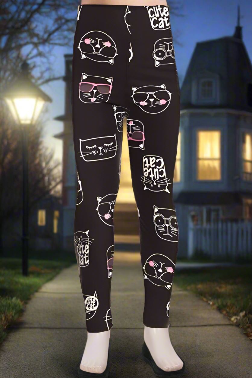 Girls Halloween Black Cat Leggings, Kids Yoga Pants, Sizes S/L, No-Roll Waist, Black/White Leggings MomMe and More 