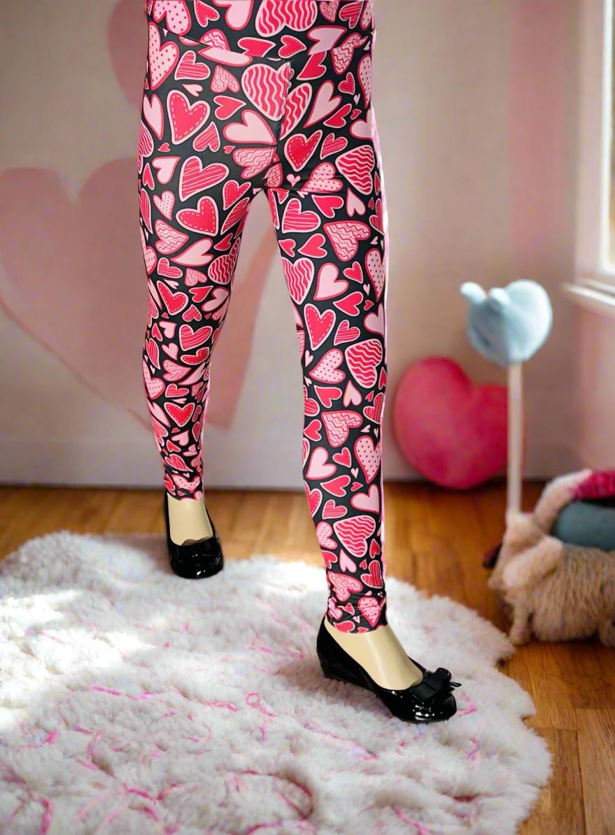 Girls Valentines Day Leggings, Doodle Heart Leggings, Soft Yoga Pants, Sizes S/L, Black/Pink, Exclusive Leggings Leggings MomMe and More 