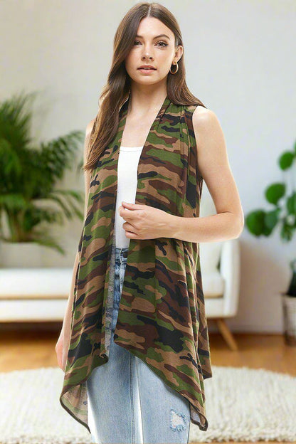 Womens Green Camouflage Vest Open Front Cardigan Sizes S/M/L/XL Cardigan MomMe and More 