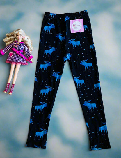 Girls Moose Leggings, Kids Yoga Pants, Sizes S/L, No-Roll Waist, Black/Blue Leggings MomMe and More 