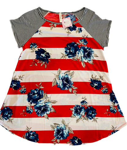 Womens Floral Striped Top, 4th of July Shirt, Sizes S/M/L, Red/White/Blue Tops MomMe and More 